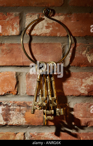 Groupe de vieux brass skeleton keys accroché sur un mur de briques Banque D'Images