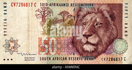 Une cinquante d'Afrique du Sud rand remarque sur un fond blanc. Banque D'Images