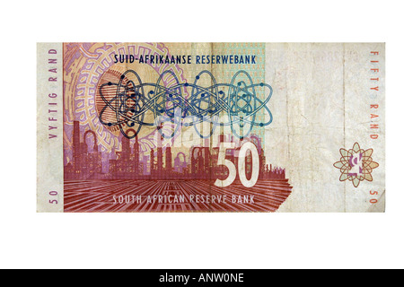 L'arrière d'une cinquante d'Afrique du Sud rand remarque sur un fond blanc. Banque D'Images