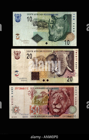 Dix, vingt et cinquante Rand Sud Africain remarque sur un fond noir. Banque D'Images