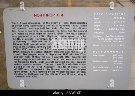 Northrop X 4 panneau d'information de la NASA à l'Wright Patterson Air Force Museum à Dayton, Ohio. Banque D'Images