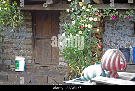 GUATEMALA CAPELLANIA indigènes Mayas Quiche dans la maison d'abode de Cuchumatanes à distance avec des fleurs et des cruches d'eau Banque D'Images