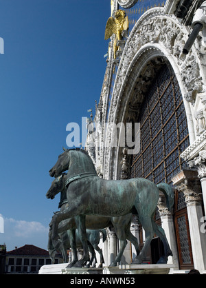 Quatre statues de chevaux de bronze à l'avant de la Basilique de San Marco à la place St Marc à Venise , Italie Banque D'Images