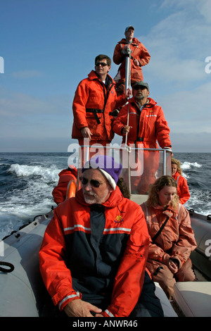 Un zodiac plein de gens sur un voyage d'observation des baleines dans la baie Trinity Bonavista Peninsula Newfoundland Canada Banque D'Images