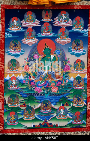 Le Népal, Katmandou, Boudinath Stupa. Détail d'une Thanka, une peinture religieuse montrant la vie du Bouddha à Boudinath. Banque D'Images