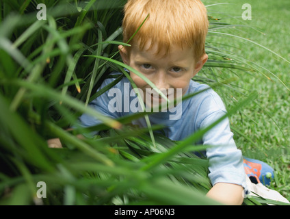 Garçon assis dans l'herbe haute Banque D'Images