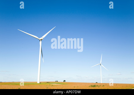 L'ILLINOIS près de Amboy deux éoliennes dans le domaine agricole haute croix blanche machines avec trois lames en rotation Banque D'Images