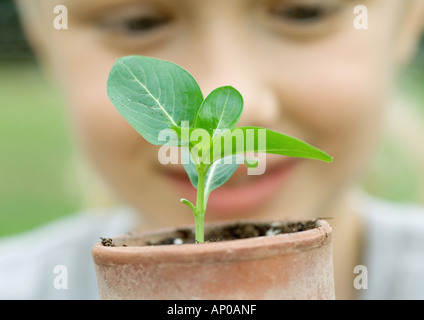 Enfant à des semis plantés en pot à Banque D'Images