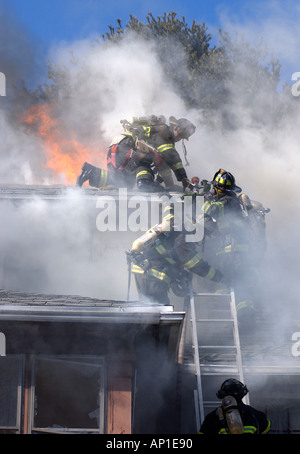 Les pompiers scramble du toit lors d'un incendie Incendie à New Haven CT alors que les flammes aller hors de contrôle Banque D'Images