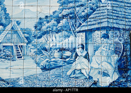 Groupe d'années 20 carreaux Azulejos sur l'extérieur de la salle d'exposition de Toyota, Avenida Arriaga, Funchal, Madère Banque D'Images