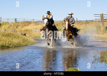 Cowboys équitation dans l'eau, de l'Oregon, USA Banque D'Images