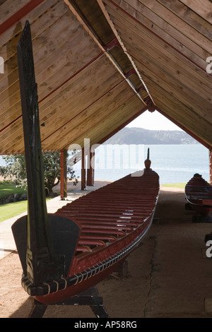 Whare Waka canoe Maison avec plus grand canot de guerre Maori Ngatokimatawhaorua à Waitangi Réserve nationale de la Nouvelle-Zélande Banque D'Images