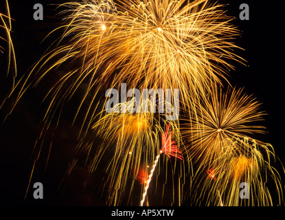 Feux d'artifice dans le ciel nocturne célébrant le 4th juillet avec spectacle lumineux au-dessus de l'East River à New York, États-Unis Banque D'Images