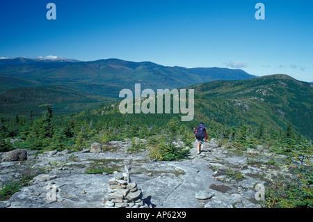 White Mountain N.F., NH Backpacking. Baldface Circle Trail. La randonnée en direction de North Baldface. Mt. Washington dans la distance. Banque D'Images