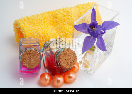 Accessoires de bain et produits de beauté sur fond blanc Banque D'Images