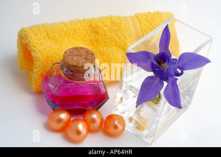 Accessoires de bain et produits de beauté sur fond blanc Banque D'Images