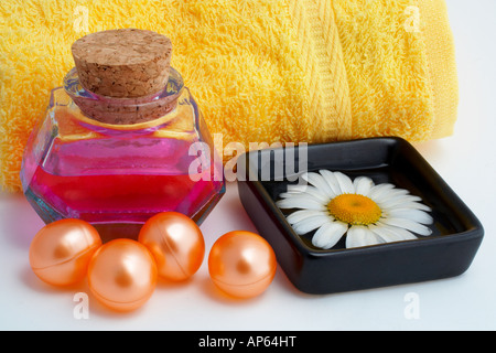 Accessoires de bain et produits de beauté sur fond blanc Banque D'Images