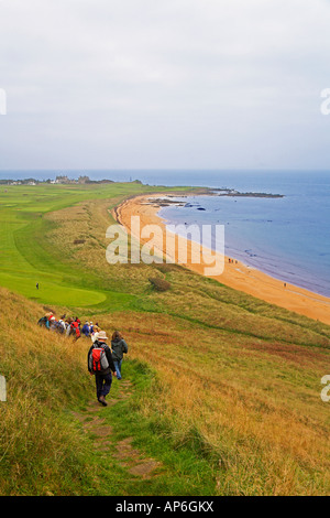 Un club de randonnée en ordre décroissant à la plage de Earlsferry sur le chemin côtier Fife Banque D'Images