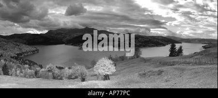 Paysage près de la forêt tempérée sur le lac Bicaz Bicaz river valley, noir et blanc, la Moldavie, la Roumanie, l'Europe de l'Est Banque D'Images