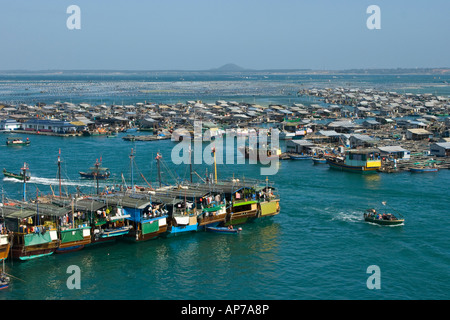 Bateaux de pêche Bateaux Squid amarré et péniche Exploitations piscicoles de Lingshui Chine Banque D'Images