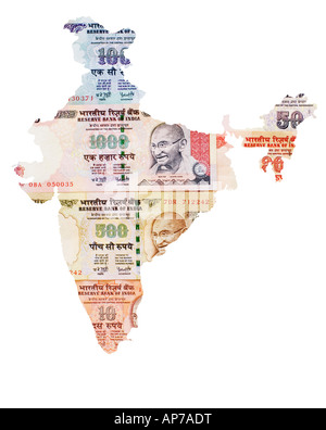 Indian Rupee notes dans la carte de l'Inde Banque D'Images