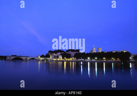 Pont St Bénezet Cathédrale et Palais des Papes Rhône Avignon Vue de nuit en Provence sud france Banque D'Images