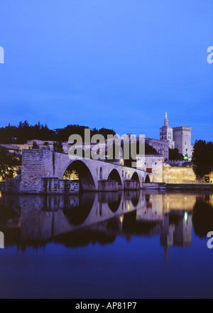 Pont St Bénezet Cathédrale et le fleuve Rhône Avignon Vue de nuit en Provence sud france Banque D'Images