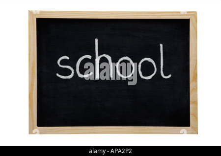 Conseil EN BOIS NOIR AVEC LE MOT ÉCRIT AVEC L'École de craie blanche Banque D'Images