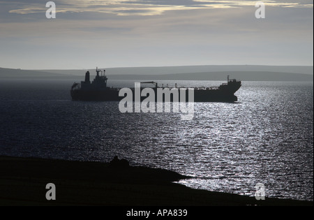 Dh Voyage Huile ORKNEY Scapa Flow super tanker navire au mouillage silhouette éclairée par l'aube Banque D'Images