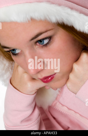 Stock Photo of Caucasian woman wearing Hooded Jacket rose USA Banque D'Images