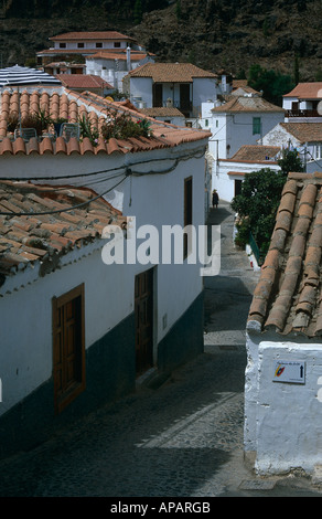 Ruelle pavée entre le blanc des maisons dans le village de montagne de Fataga, Gran Canaria, Îles Canaries, Espagne Banque D'Images