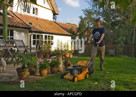 À l'aide d'une tondeuse à essence pour couper la pelouse de jardin Banque D'Images