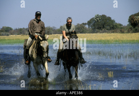 Deux coureurs masculins de race blanche au galop en eau peu profonde sur un Safari à cheval dans le Delta de l'Okavango Botswana Afrique Banque D'Images