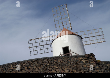 Le moulin blanc donnant sur le jardin de cactus à Lanzarote Banque D'Images