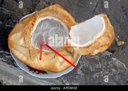 L'eau de coco fraîche servi dans la coque de noix de coco, avec un couple de pailles rouges ; photo prise dans l'Est de Java, Indonésie. Banque D'Images