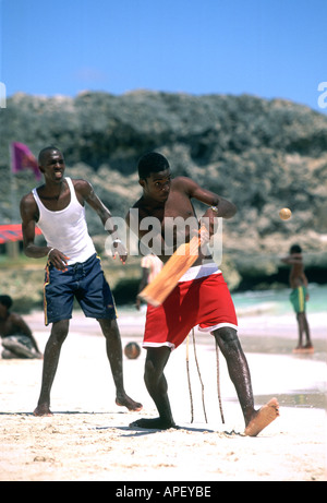 Beach cricket, concentration à wicket, Barbade Banque D'Images