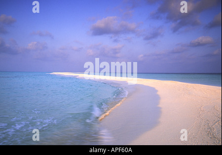 Plage tropicale dans les Maldives avec des vagues se brisant sur le sable blanc et doux Banque D'Images