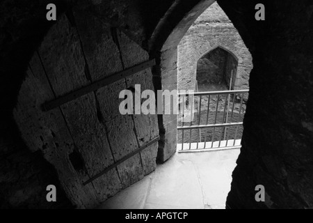 Porte en chêne ancien à l'intérieur de la tour de la martre, le château de Chepstow, Chepstow, Monmouthshire, South Wales, UK Banque D'Images