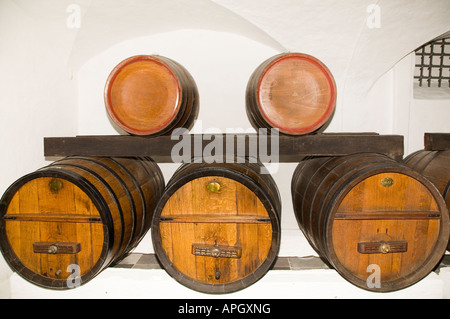 Vin vieillit dans une cave avec des tonneaux de vin traditionnel en chêne Banque D'Images