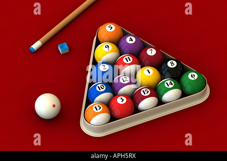 Boules de billard rack une queue de billard et une piscine bloc de craie sur un tableau rouge (rendu 3D) Banque D'Images