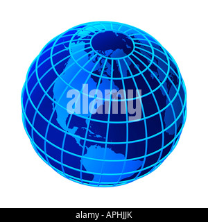 Globe bleu avec grille sur un fond blanc. Banque D'Images