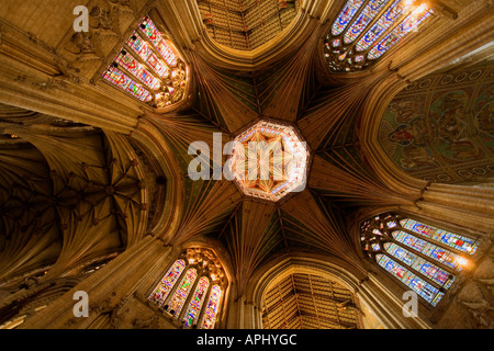 Ely église cathédrale de la Sainte et indivisible Trinité lanterne octogonal montrant de l'intérieur, nef et vitraux Banque D'Images