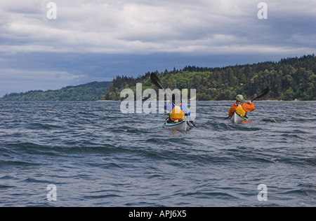 Deux adultes du kayak de mer dans l'État de Washington Banque D'Images