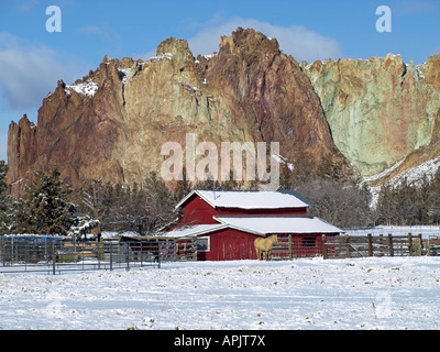 Une grange rouge sur une petite ferme en dessous de la falaises de Smith Rock avec une mince couche de neige en janvier Banque D'Images