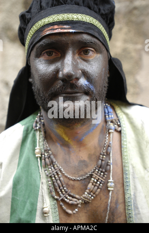 Portrait d'un homme prenant part à la bataille de la Maures et Chrétiens festival à Pollensa, Majorque, Espagne. Banque D'Images