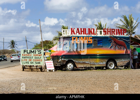Populaires crevettes cuites en bordure de la rive nord de la crevette stand Kahuku Oahu Hawaii USA Banque D'Images