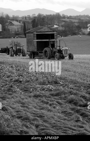 Les tracteurs et remorques de fortune dans la zone près de Katesbridge, les montagnes de Mourne dans la distance, comté de Down, Irlande du Nord Banque D'Images