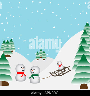 Famille bonhommes de jouer dans la forêt avec un traîneau Banque D'Images