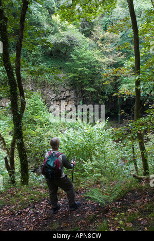 Walker en cascade le long des pays Nedd Fechan Parc national de Brecon Beacons Powys Pays de Galles Banque D'Images