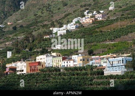 Espagne, Canaries, La Gomera, vue sur la vallée de Hermigua qui est mieux connue pour ses plantations de bananes Banque D'Images